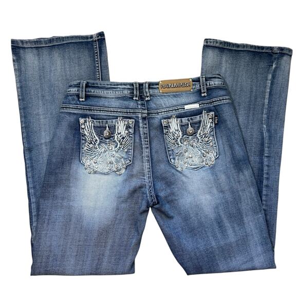 Platinum Plush Jeans Bootcut Medium Wash Rhinestone Bling Moto Pockets Size 11 - Picture 1 of 6